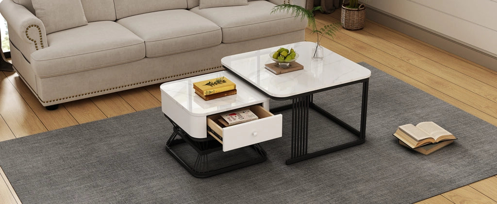 TAVOLINO Set da 2 pezzi 70x70x45 cm + 50x50x40 cm Bianco/Nero effetto marmo