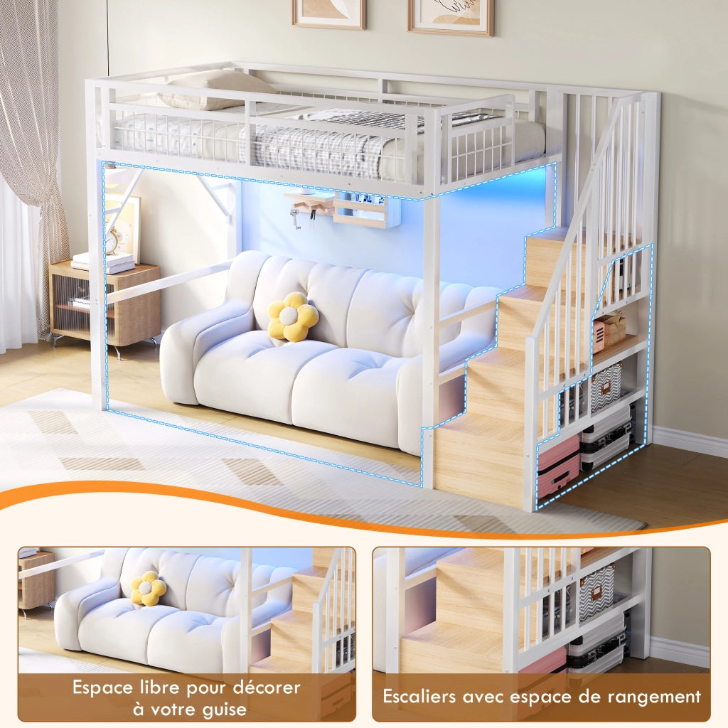 Letto a soppalco singolo 90×200 cm con LED e scale con vano contenitore; senza materasso; metallo; bianco