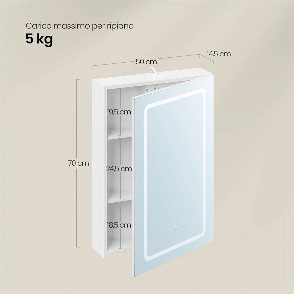 Mobile Bagno con Specchio e Luce, Armadietto Bagno con Ripiani Regolabili, Ganci e Prese, Luce Tattile a 3 Colori, per Appartamento, Bianco, 50x14,5x70 cm
