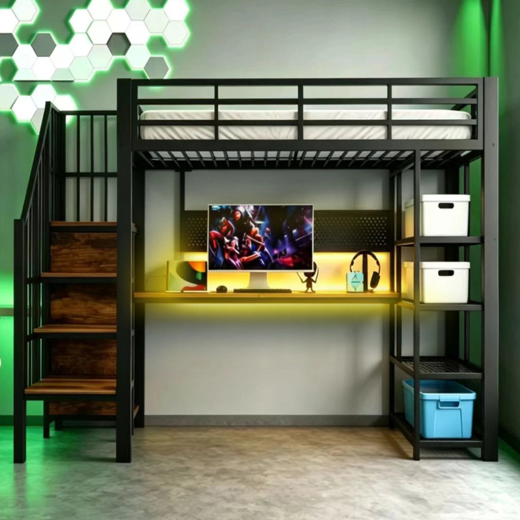 Letto a soppalco multifunzione 90x200 cm in metallo e legno; con scala contenitore; LED e prese; nero