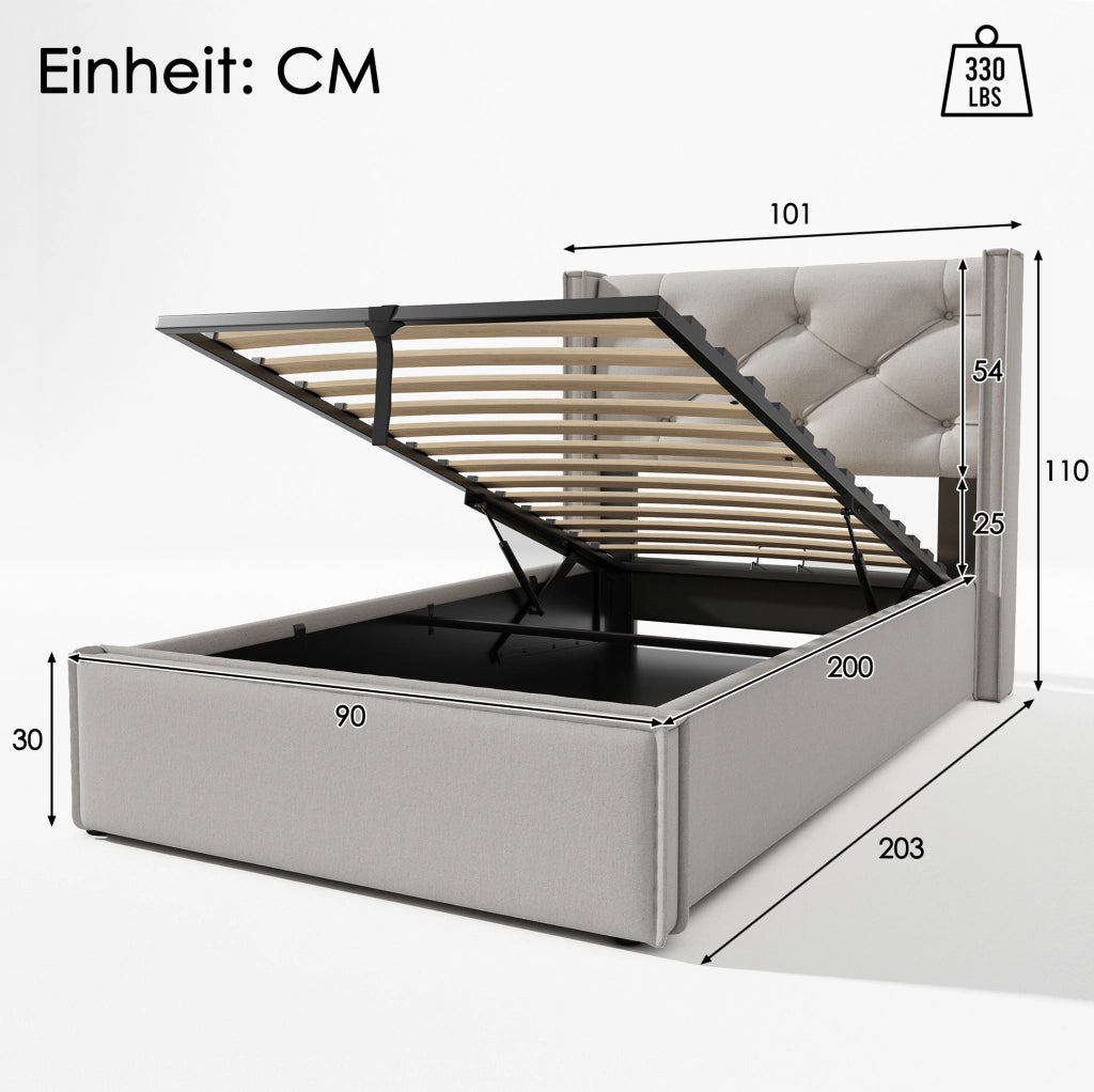Letto imbottito 90x200 cm con contenitore sollevabile; cotone grigio chiaro (Senza materasso)