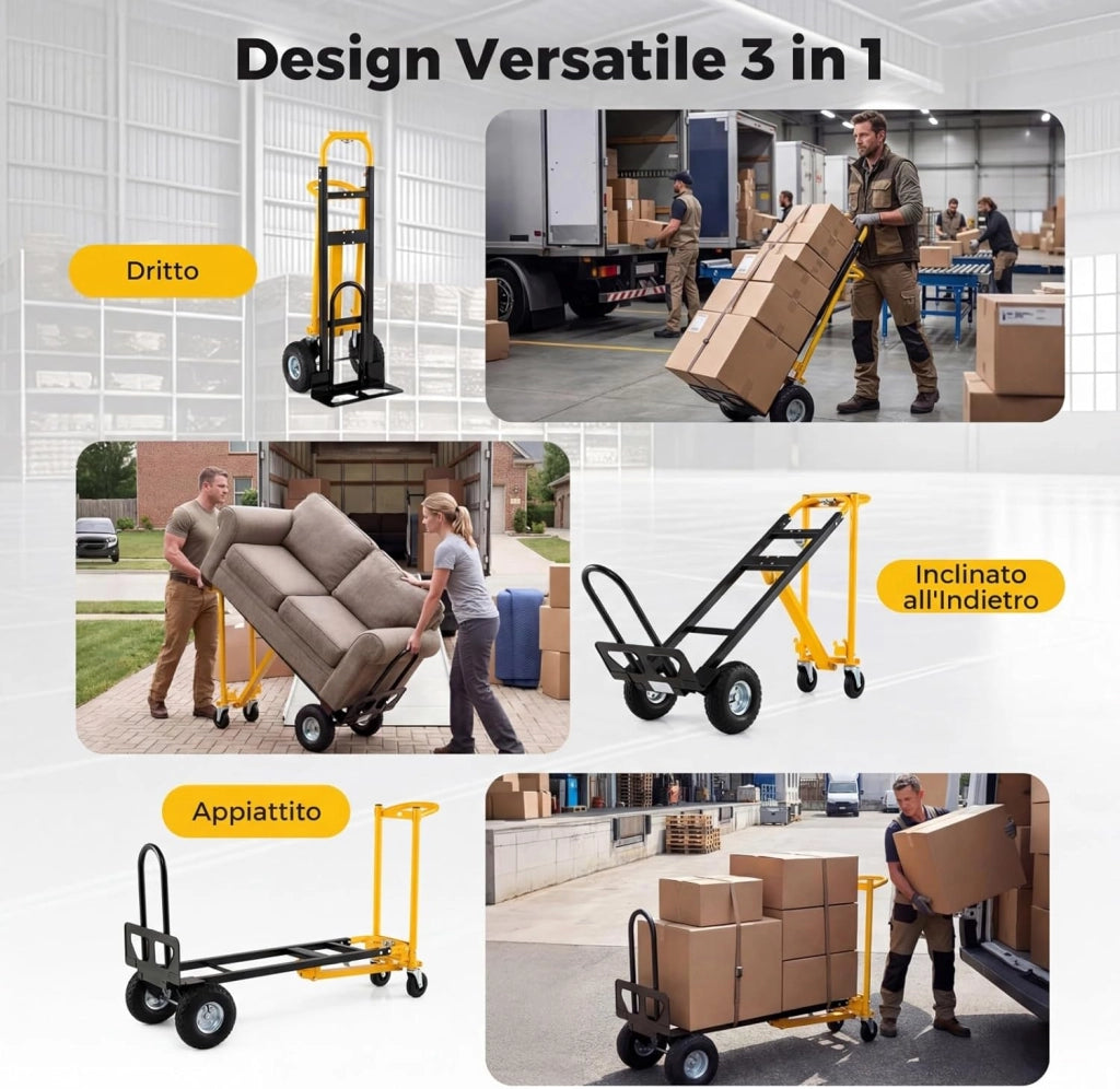 Carrello a Mano 3 in 1, Carrello Pieghevole Trasportatore in Acciaio con Ruote in Gomma Pneumatiche e Manico Ergonomico, Carico 136 kg, per Uso Domestico, Industriale e Magazzino