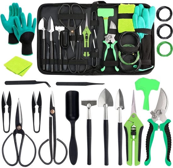 Set di strumenti per bonsai da giardino, 25 pezzi di forbici in acciaio inossidabile per interni ed esterni, kit di cura del bonsai con filo per bonsai, forbici, forbici, rastrello, zappa, forbici per foglie
