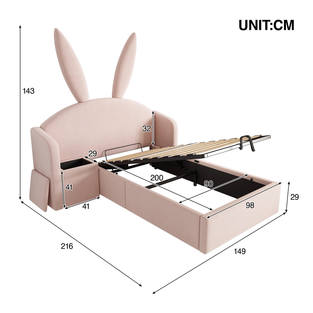Letto imbottito con vano contenitore 90x200 cm velluto rosa