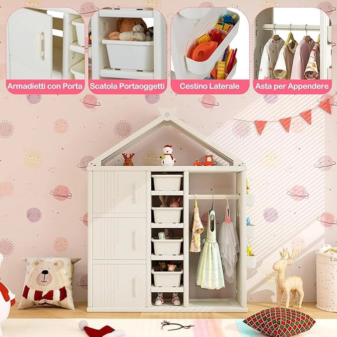 Armadio per Bambini, Organizzatore a Forma di Casa con 1 Lavagna, 3 Armadietti, 4 Cestini, 3 Cubi Chiusi e 3 Cestini Laterali, Armadietto Salvaspazio per Camera da Letto e Soggiorno (Bianco)
