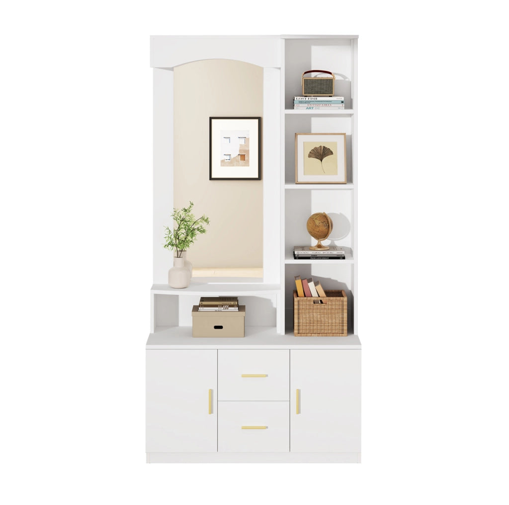 Mobile ingresso multifunzione 90x40x180 cm con specchio; 2 armadi e 2 cassetti; bianco