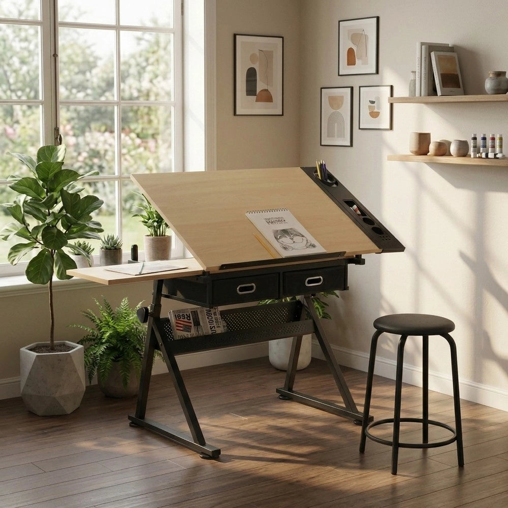 Scrivania Regolabile con 2 Cassetti e Sgabello ¨C Xylo ¨C Legno Acero, Ufficio e Studio