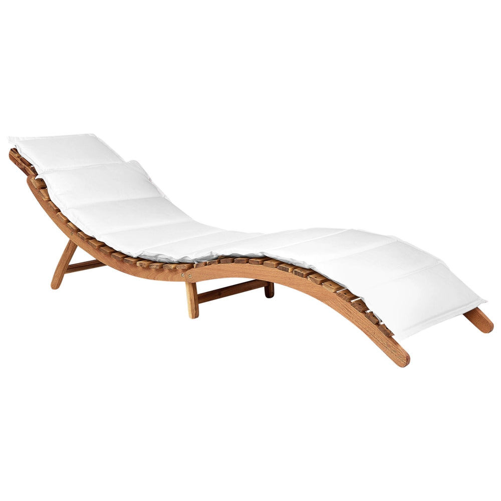Lettino da sole in legno di acacia chiaro  Cuscino Bianco Design a doghe Pieghevole Caratteristica Forma curva Giardino Patio Balcone