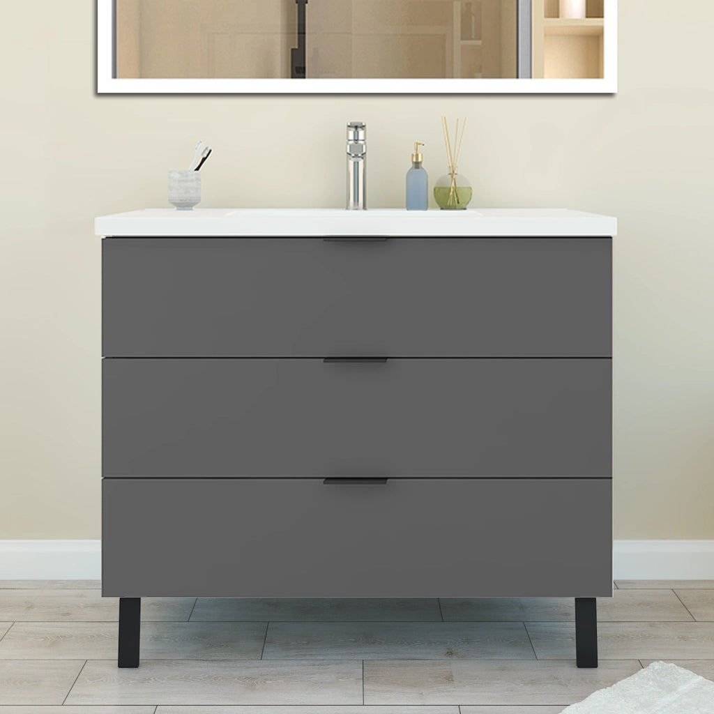 Mobile Bagno Appoggio 99 cm con 3 Cassetti, Lavabo da Incasso, Nero