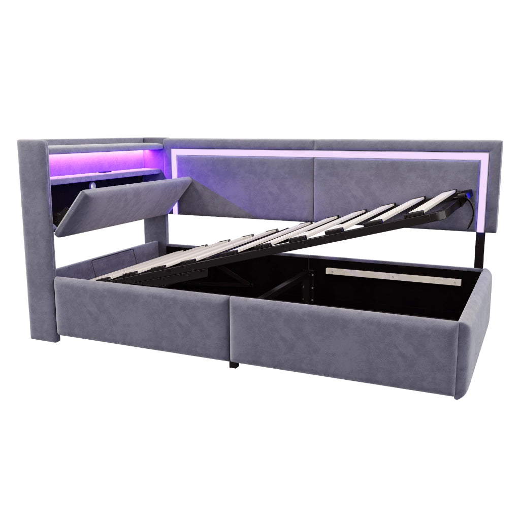 DESMIU Letto 90 × 200 cm 1 posto con LED, USB, contenitore idraulico e vano, senza materasso, velluto grigio