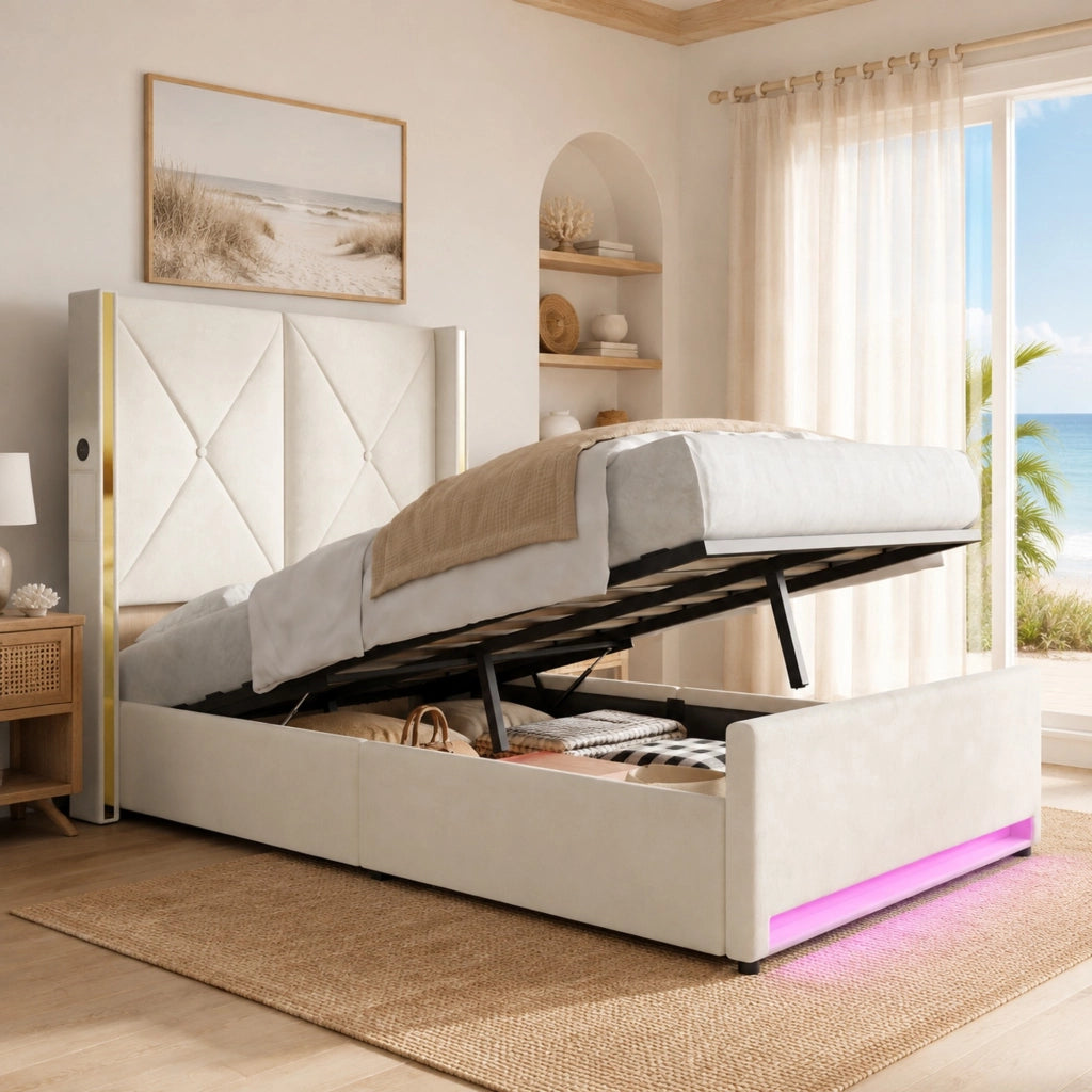 Letto imbottito in velluto beige 90x200 cm con testiera alta, tasche laterali, USB/Type-C, LED e contenitore