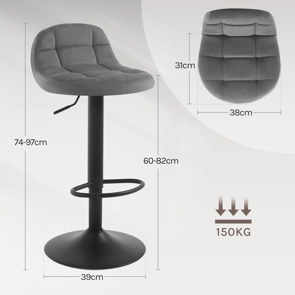 Set di 2 Sgabelli da Bar con Schienale Sedia Alta da Cucina Imbottita Seduta Regolabile in Altezza 60-82cm con Poggiapiedi Girevole a 360° in Velluto, Grigio Scuro BH317dgr-2