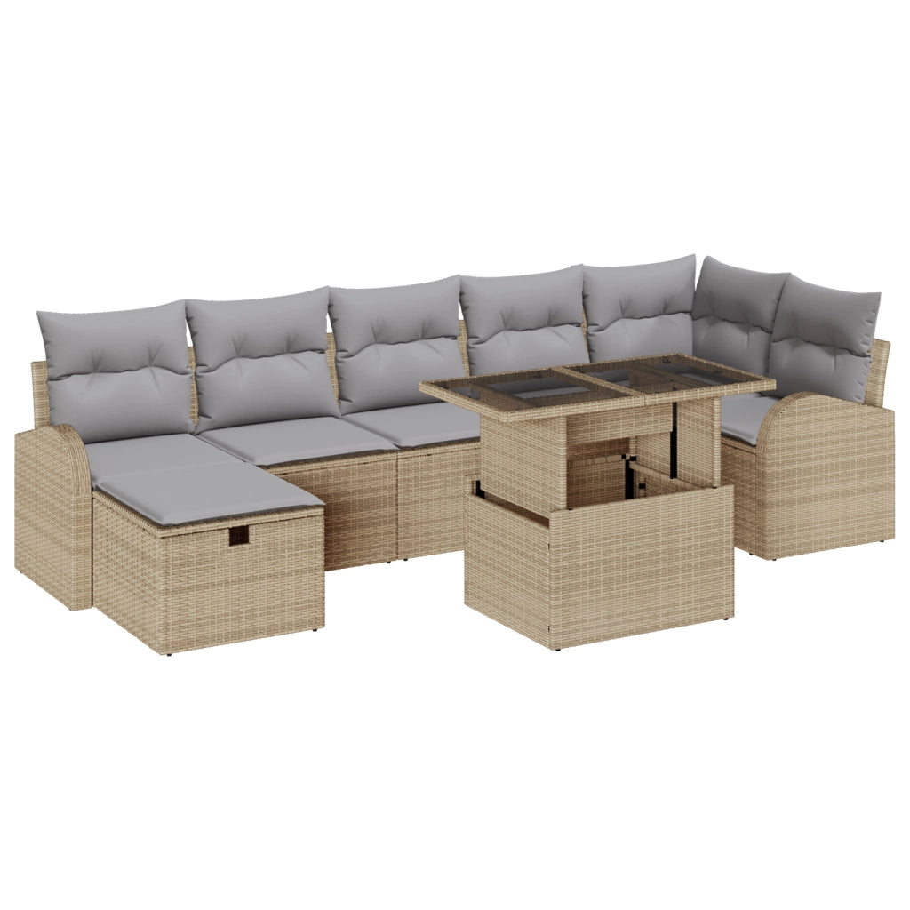 Set Divano da Giardino 8 Pezzi con Cuscini Beige Poly Rattan