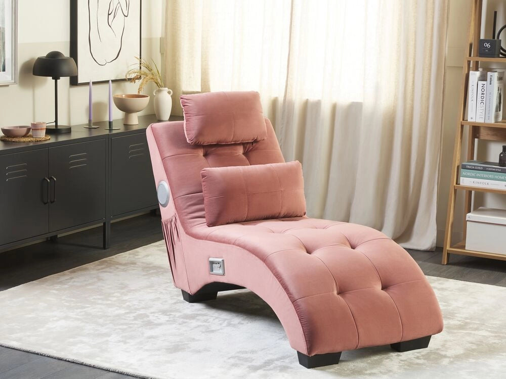Chaise longue Altoparlante Bluetooth integrato in velluto rosa Caricatore USB Design moderno Divano curvo per 1 persona Soggiorno