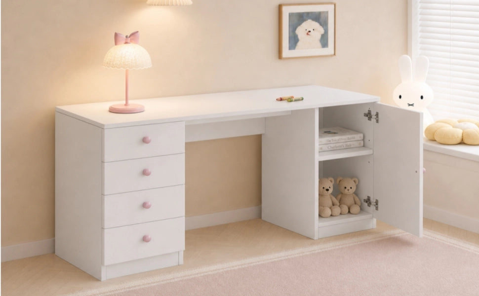 Scrivania per bambini con 4 cassetti e vano laterale in MDF bianca per studio 155 × 45 × 74 cm