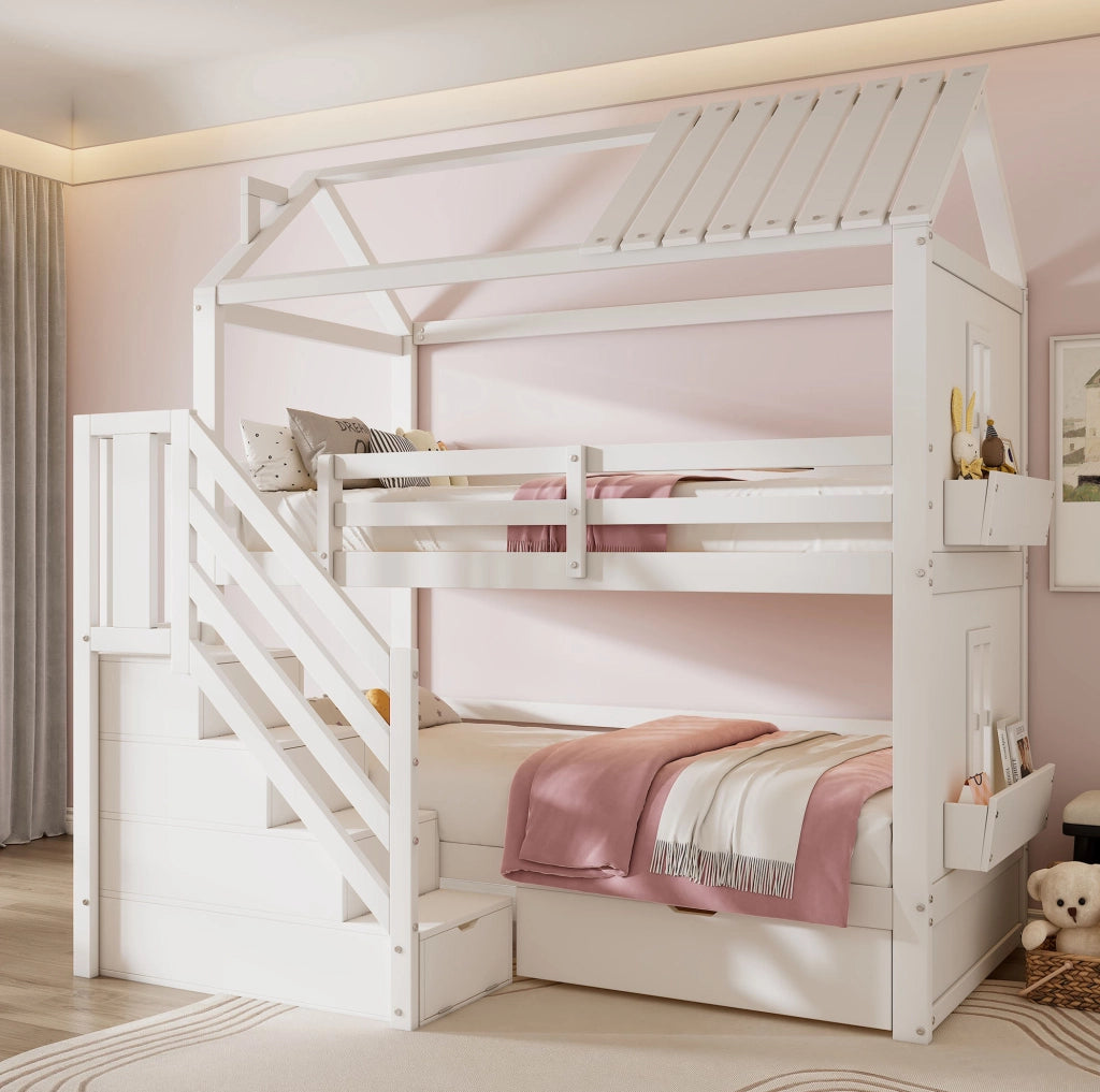 Letto a castello per bambini 90x200 cm con scale contenitore; cassetti e scaffali in pino e MDF bianco