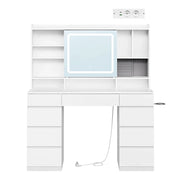 Toeletta con 9 cassetti; ripiani e portaphon; specchio scorrevole; LED dimmerabili e prese integrate; 110×40×140 cm