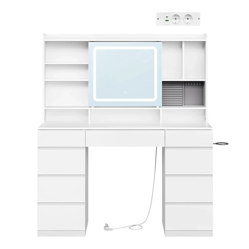 Toeletta con 9 cassetti; ripiani e portaphon; specchio scorrevole; LED dimmerabili e prese integrate; 110×40×140 cm