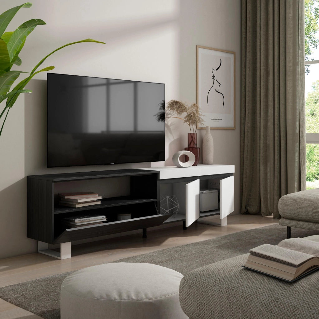 Mobile TV, 200x35x57cm, soggiorno, Per TV fino a 80", Design industriale, Bianco e nero RF2161