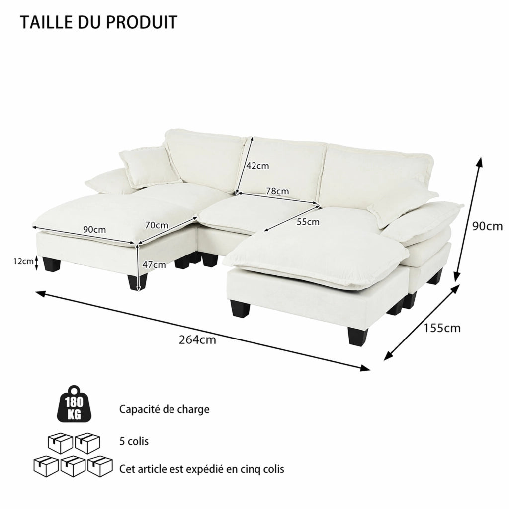 Scaffale modulare con seduta a U e 2 pouf mobili in chenille beige 263 × 151 × 90 cm