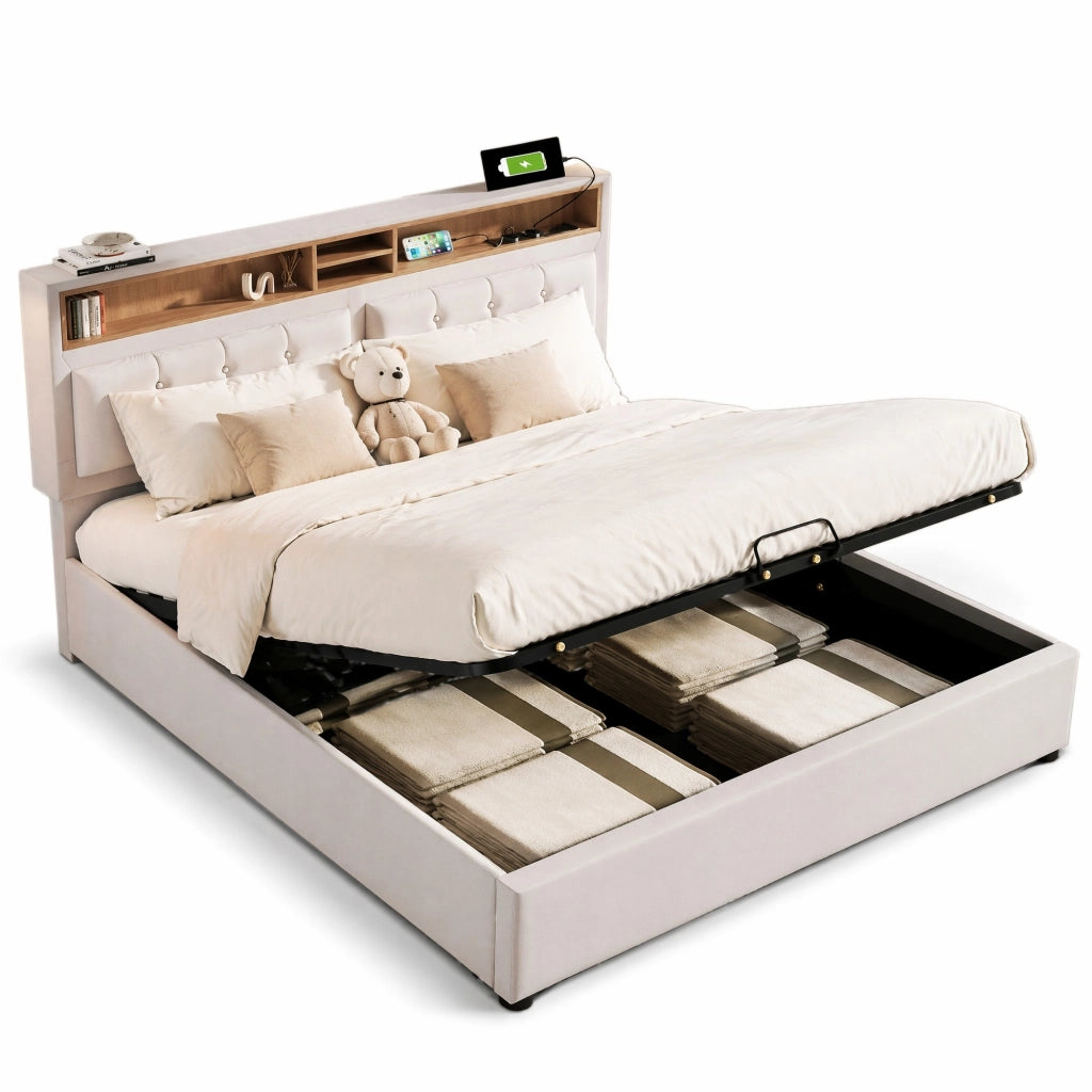 Letto matrimoniale imbottito 140x200 cm in lino beige con testiera regolabile; USB e contenitore