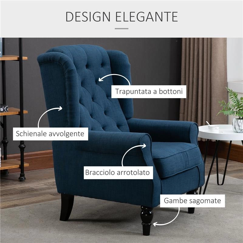POLTRONA PER SALOTTO IN STILE FRANCESE CON SEDUTA IMBOTTITA E CUSCINI IN POLIESTERE 74X86X102 CM BLU