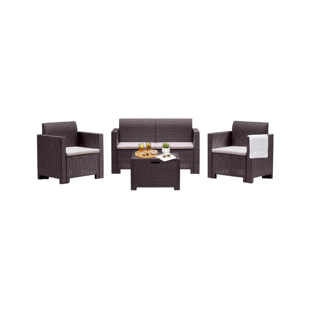 Salottino da esterno Gazania, Set da giardino con cuscini, Salottino effetto rattan, 100% Made in Italy, Marrone
