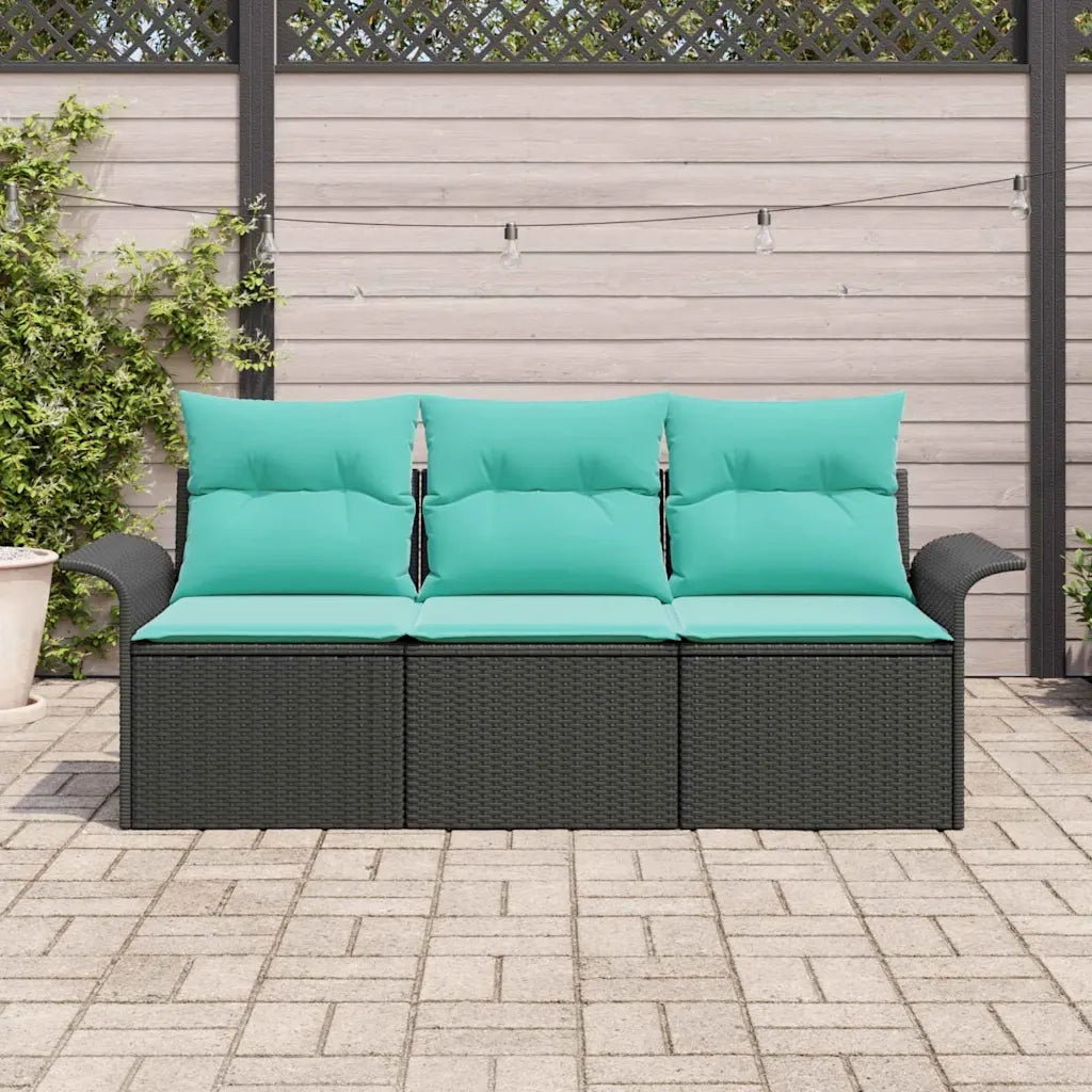 Set Divano da Giardino con cuscino 3 pz | Set Salotto da Giardino Nero Poly Rattan