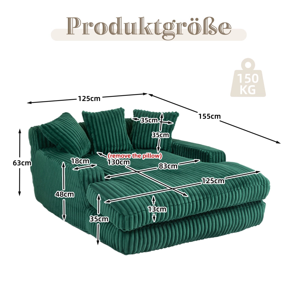 Chaise Longue Poltrona da Pavimento con Design Ergonomico e 3 Cuscini, in Velluto a Coste Smeraldo 125 × 155 × 63 cm