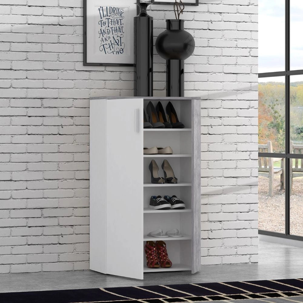 Mobile multiuso scarpiera 2 ante con 5 ripiani colore bianco e cemento Lucio 69x34x120H