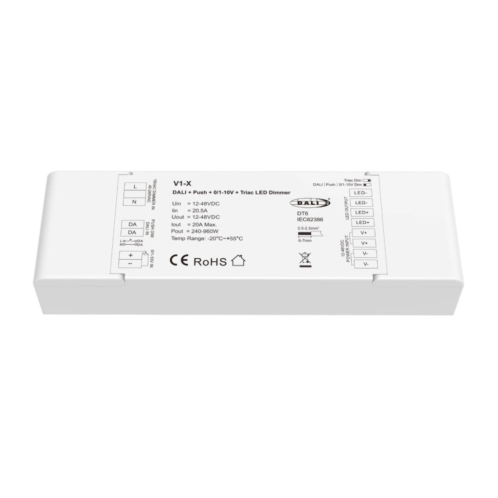 Led Dimmer DALI-2 AC Push Triac 0/1-10V, Pulsante NO, 12V 24V 36V 48V 20A, 1 Canale Tensione Costante, per Strisce LED Monocolore, V1-X