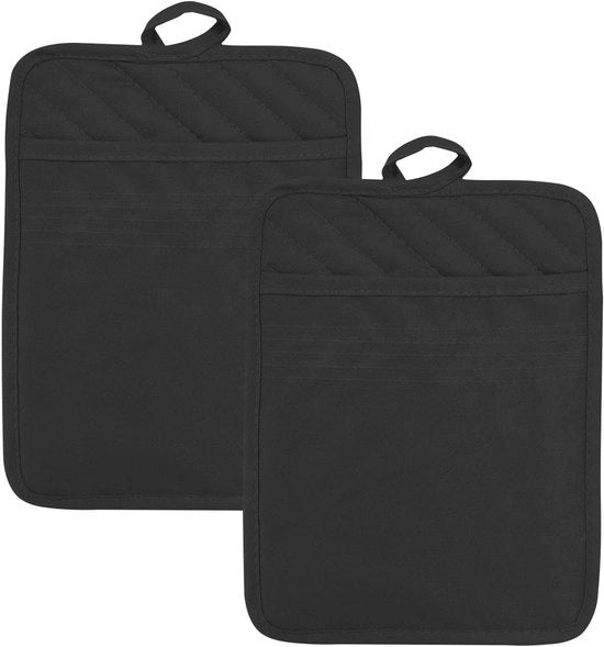 Set di asciugamani in cotone per padelle con tas - Resistente al calore e antiscivolo - Nero - Manopole per padelle e cucina - Per cucinare e cuocere - Set da 2 pezzi