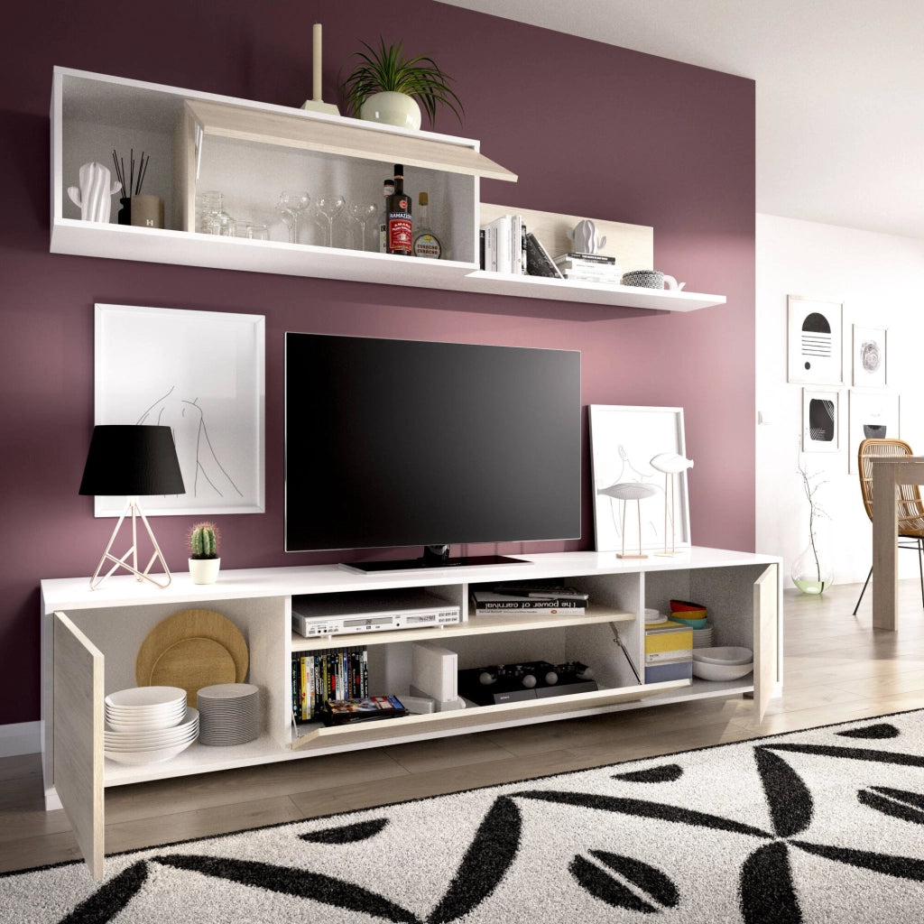 Parete attrezzata Abbete, Set da soggiorno porta TV, Mobile salotto multiuso, 200x41h180 cm, Rovere e Bianco