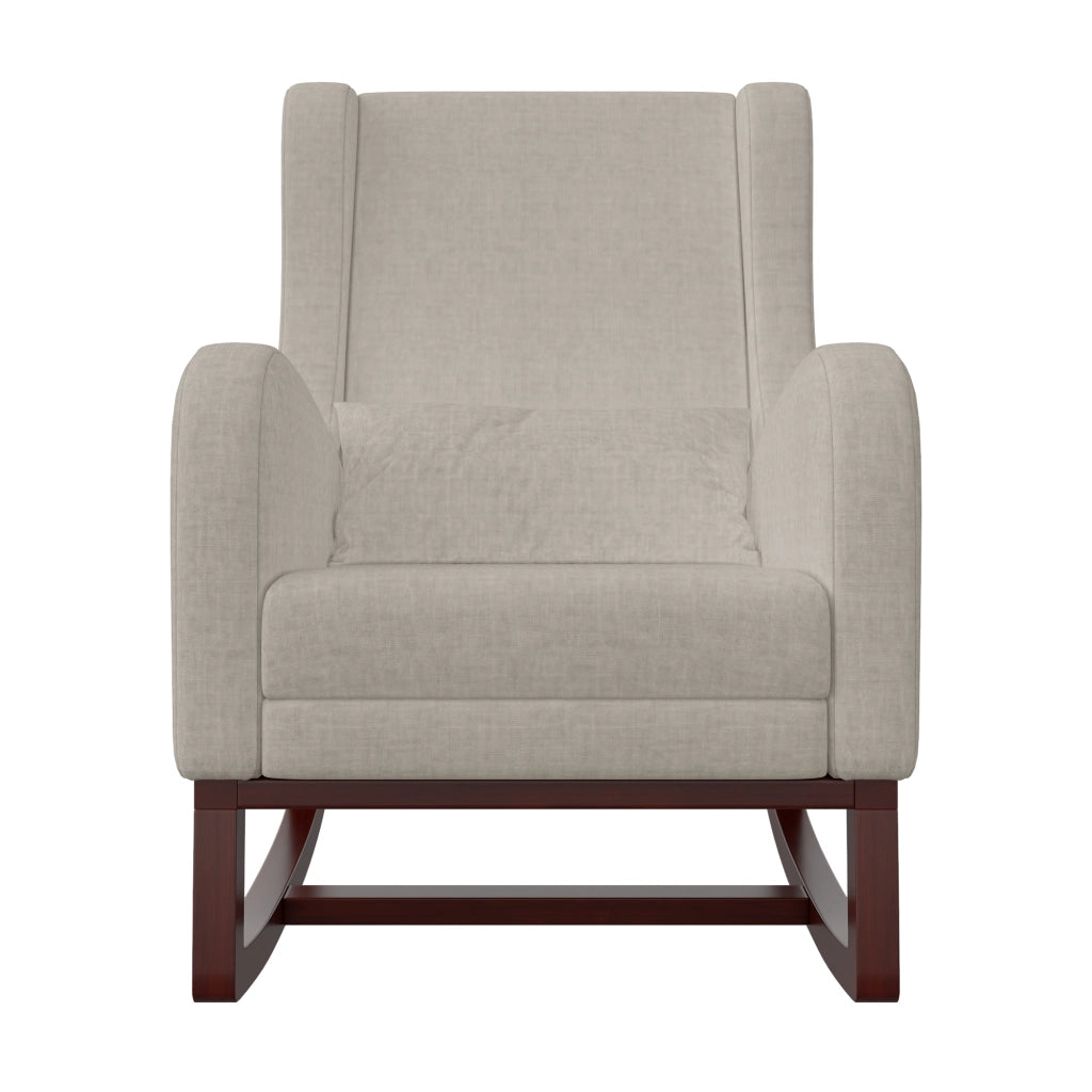 Poltrona relax a dondolo 67x64x99 cm con poggiapiedi; sedia a dondolo da interno per allattamento struttura in legno e velluto opaco; beige