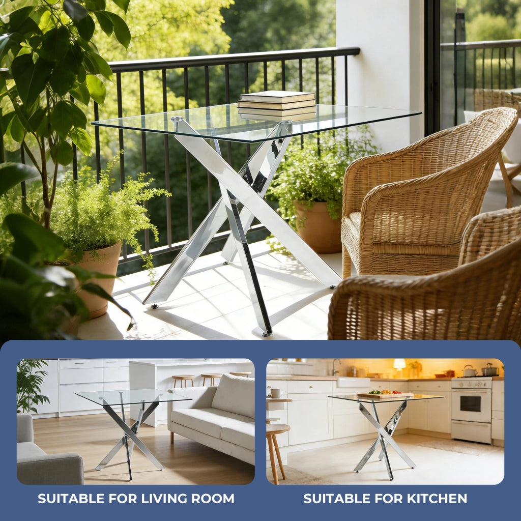 Tavolo da pranzo quadrato con piano in vetro e gambe in metallo per cucina e soggiorno argento 80 × 80 × 75 cm