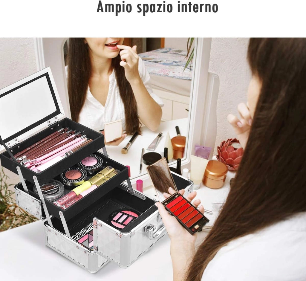 Valigetta Trucchi Valigia, Porta Trucco Portatile, Custodia Cosmetici Viaggio, 3 Portaoggetti, 2 Ripiani Estenbsibili, con Specchio e Maniglia, Stile Metallico, 23x15x18 cm (Argento)