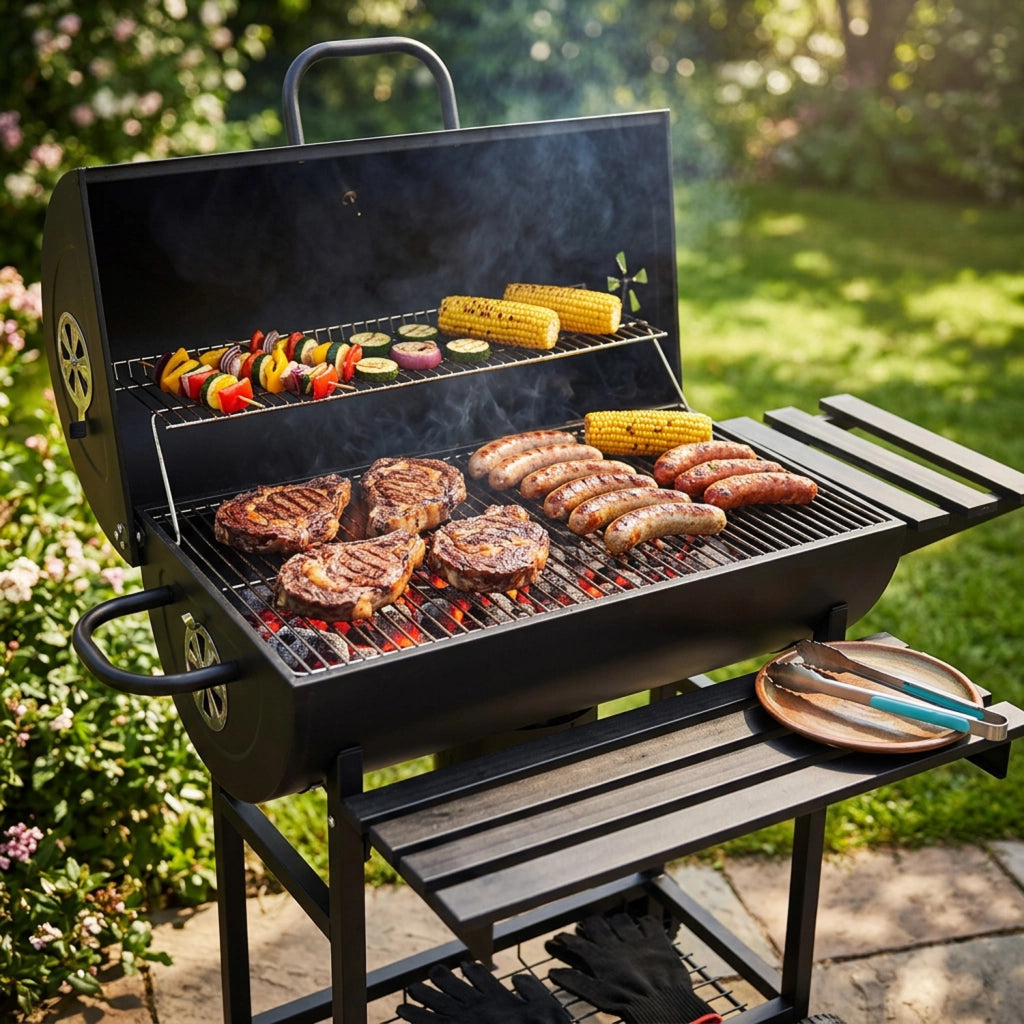 Barbecue A Carbone Con Coperchio Termometro Integrato Grill BBQ In Acciaio Nero
