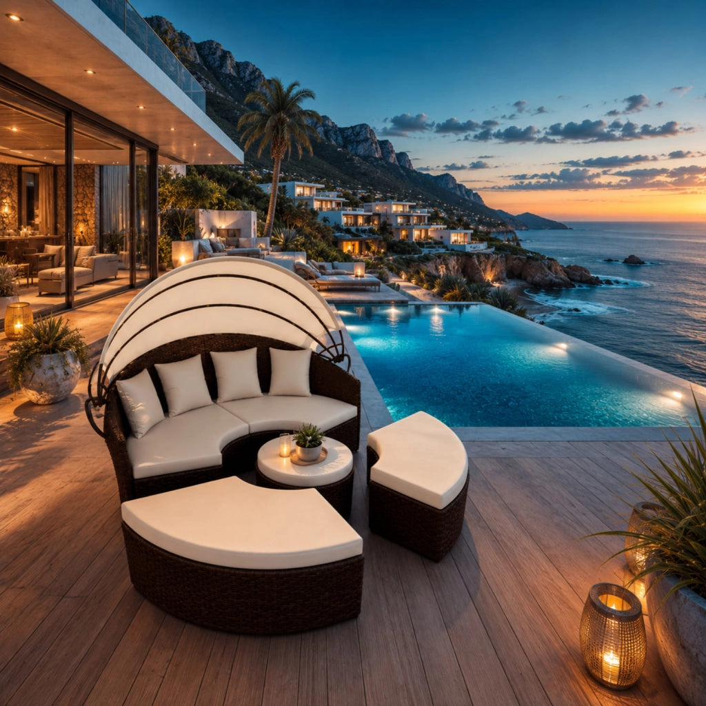 Isola Prendisole Modulare In Polyrattan Con Set Arredo Da Esterno Completo Di Tavolino Integrato E Quattro Cuscini E Tettuccio Parasole Pieghevole Per Giardino Terrazza Beige E Marrone