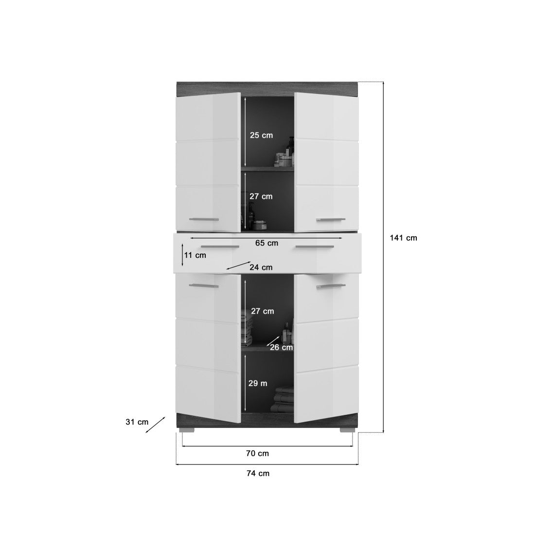Mobile contenitore SCOTT – 4 porte e 1 cassetto – Grigio scuro e bianco – 74x141x31 cm