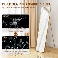 Specchio da Terra 40x160cm Rettangolare a Figura Intera con Cavalletto Autoportante, Oro