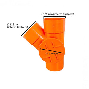 Derivazione 45° con tappo per ispezione in pvc : Diametro - 125 (con tappo Ø100), Modello - Sinistra