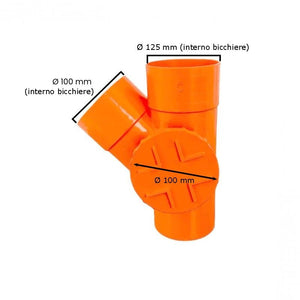 Derivazione 45° con tappo per ispezione in pvc : Diametro - 125/100 (con tappo Ø100), Modello - Sinistra