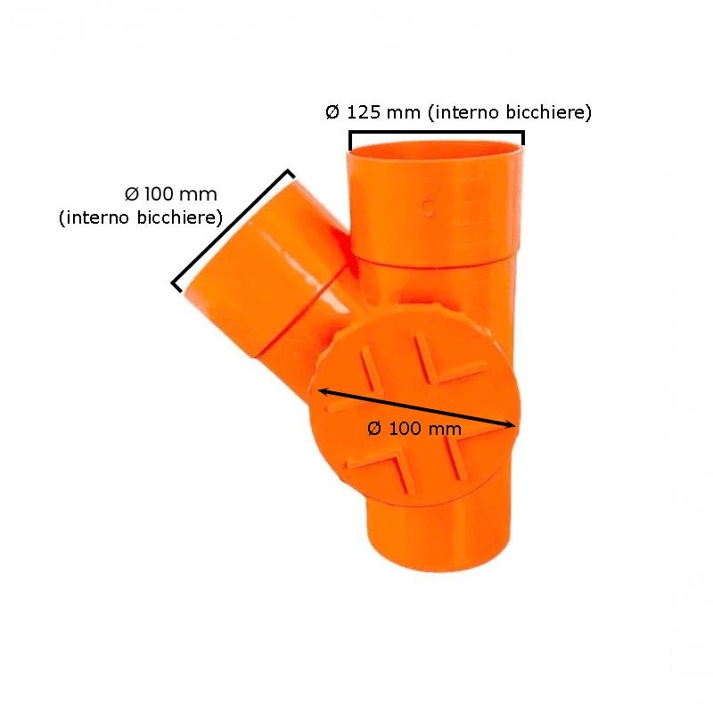 Derivazione 45° con tappo per ispezione in pvc : Diametro - 125/100 (con tappo Ø100), Modello - Sinistra