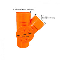 Derivazione 45° con tappo per ispezione in pvc : Diametro - 80 (con tappo Ø63), Modello - Destra