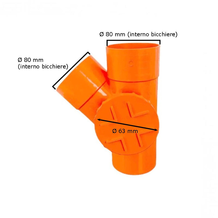 Derivazione 45° con tappo per ispezione in pvc : Diametro - 80 (con tappo Ø63), Modello - Sinistra