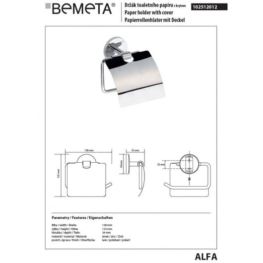 ALFA Dispenser di Carta Igienica con Coperchio in Zinco 5,5 x13,5x13,8cm