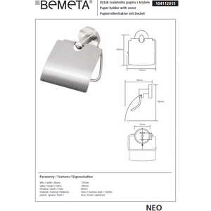 Dispenser carta igienica in acciaio NEO con coperchio 15,5x7x13,5cm