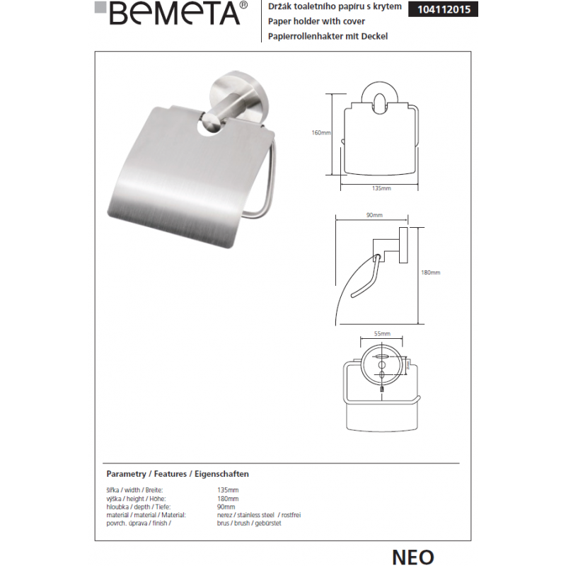 Dispenser carta igienica in acciaio NEO con coperchio 15,5x7x13,5cm