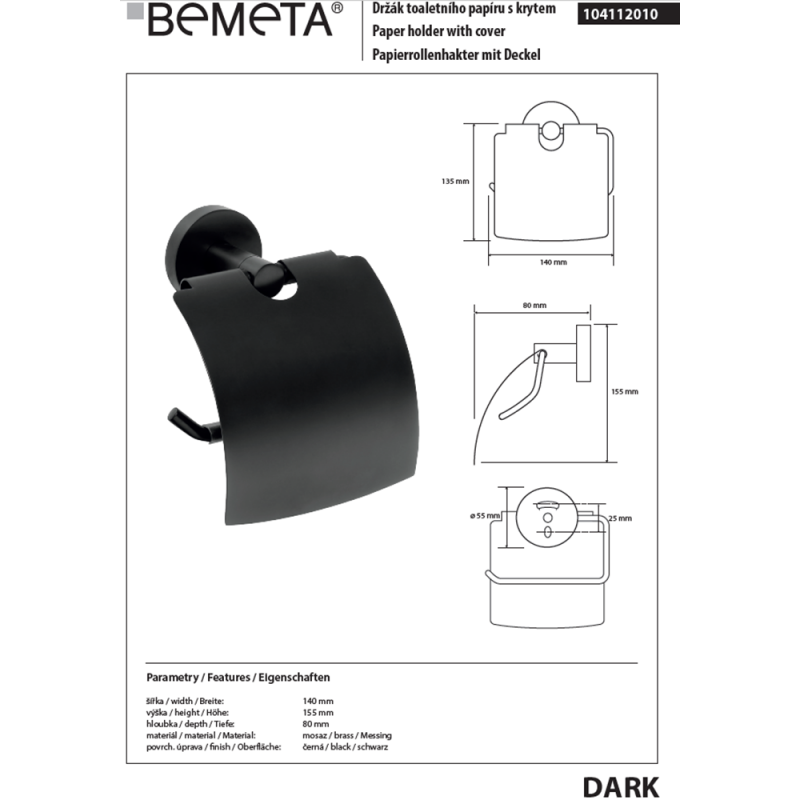 Distributore di carta igienica con coperchio. Ottone nero scuro 14x 15,5x 8cm
