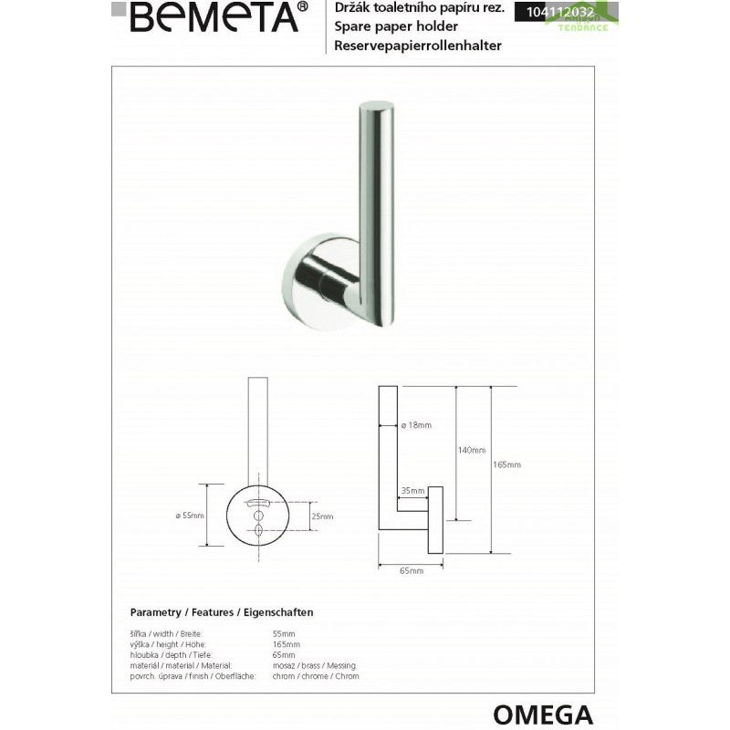 Portarotolo di ricambio OMEGA in ottone cromato 5,5x16,5x6,5cm